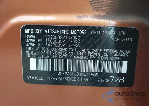 2018 Mitsubishi Mirage Es z USA, uszkodzony, nr VIN ML32A3HJ3JH011505